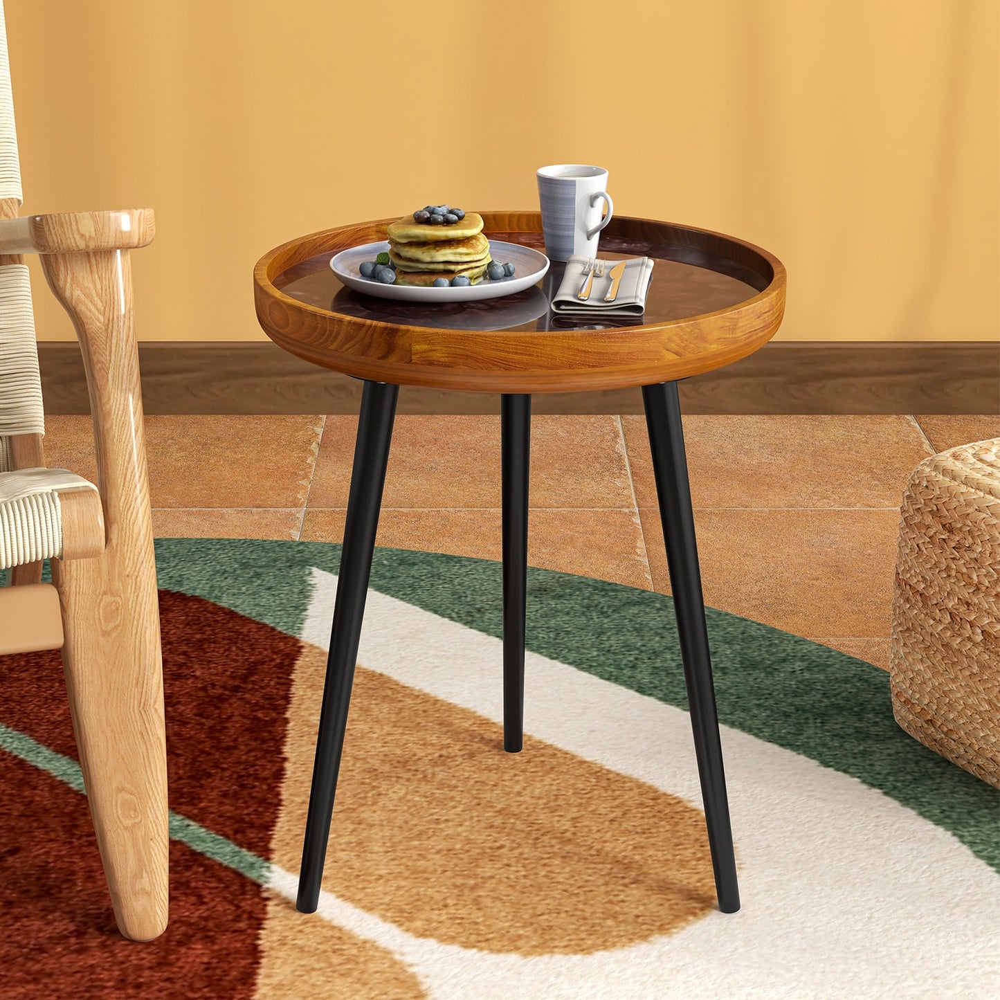 16 Inch Round End Table with Sea Shell Decoration and Epoxy Resin Finish, Brown End & Side Tables at Gallery Canada