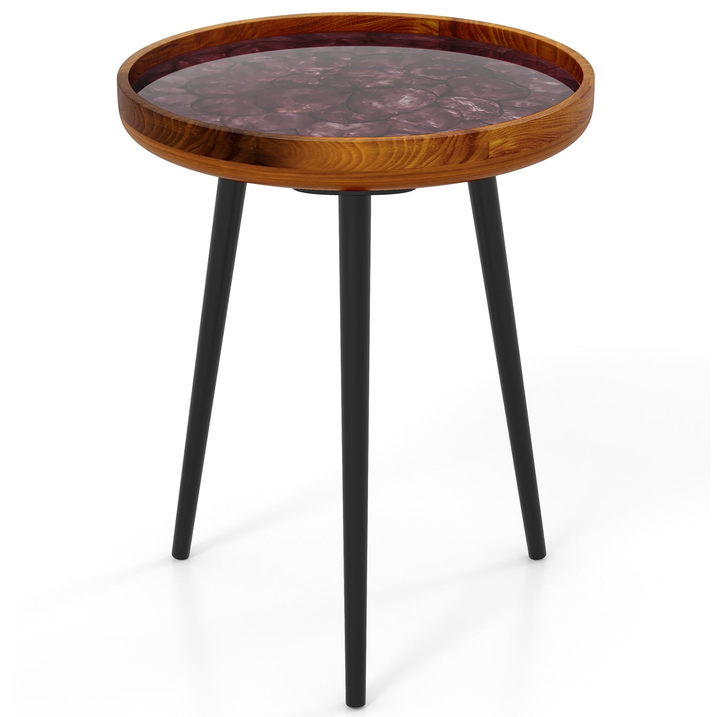 16 Inch Round End Table with Sea Shell Decoration and Epoxy Resin Finish, Brown End & Side Tables at Gallery Canada
