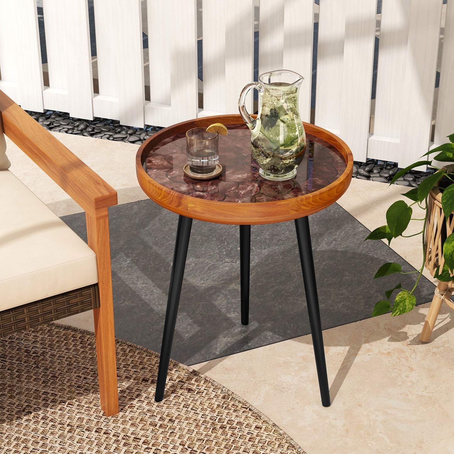 16 Inch Round End Table with Sea Shell Decoration and Epoxy Resin Finish, Brown End & Side Tables at Gallery Canada