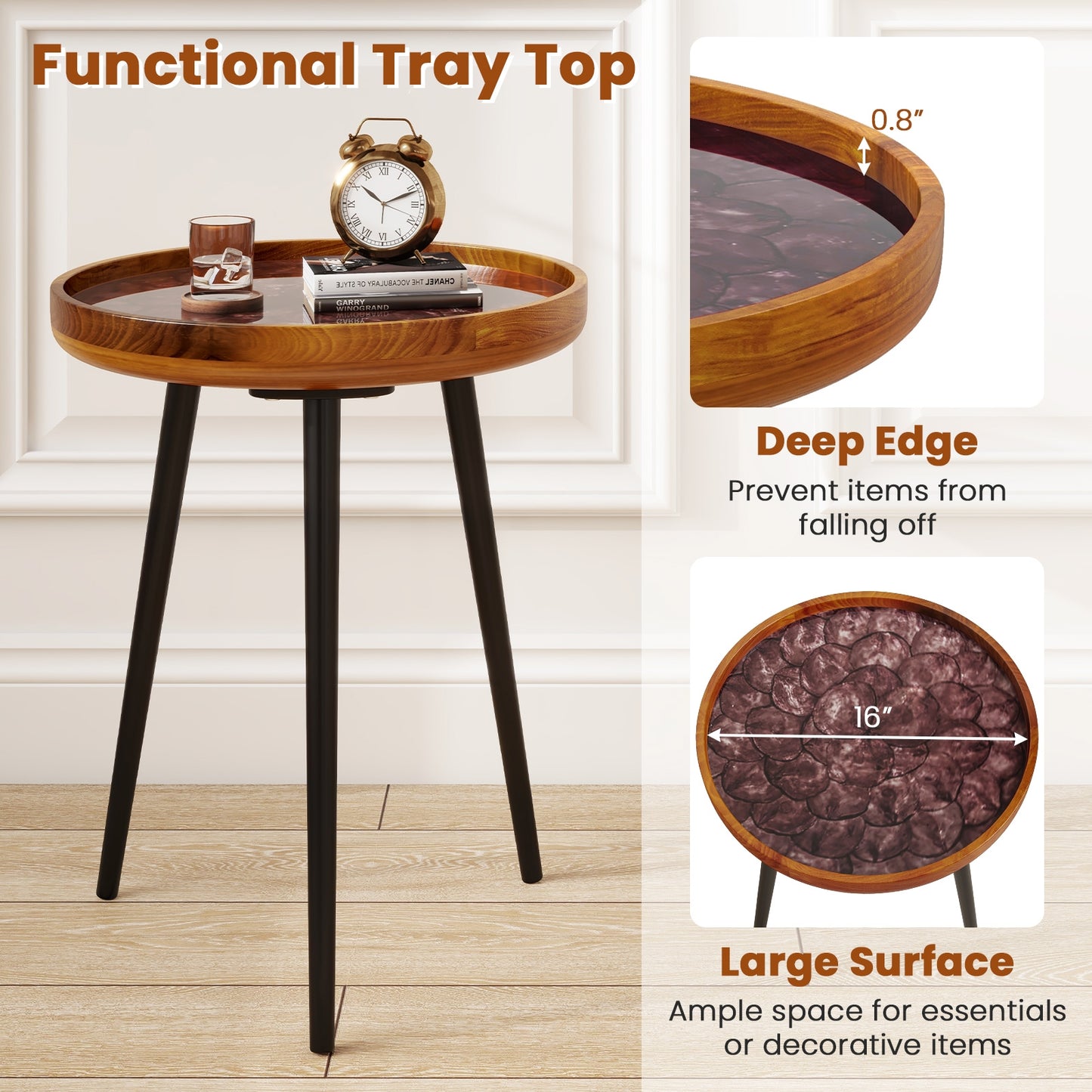 16 Inch Round End Table with Sea Shell Decoration and Epoxy Resin Finish, Brown End & Side Tables at Gallery Canada