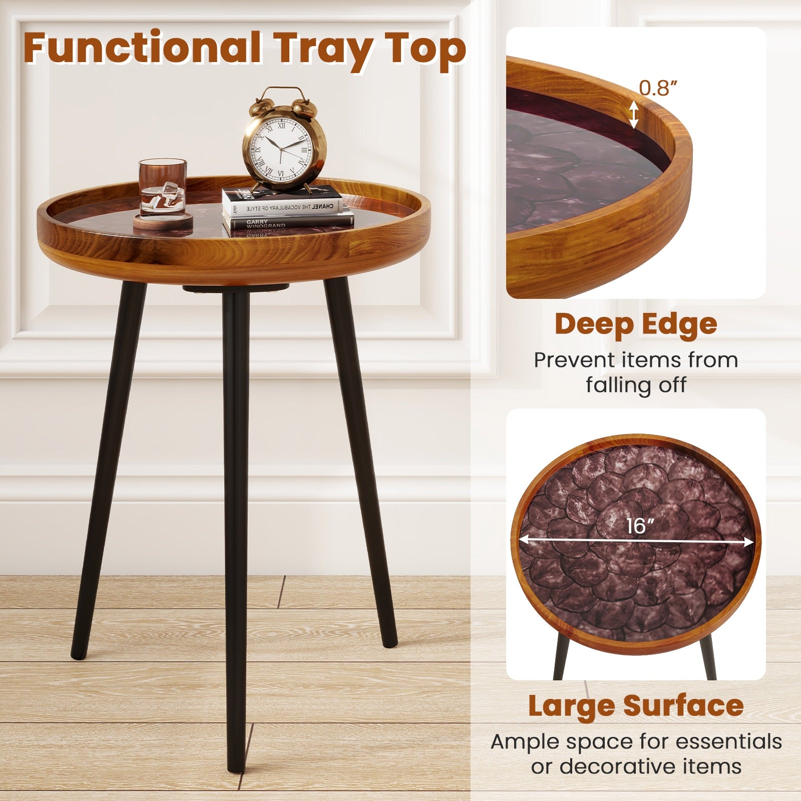 16 Inch Round End Table with Sea Shell Decoration and Epoxy Resin Finish, Brown End & Side Tables at Gallery Canada