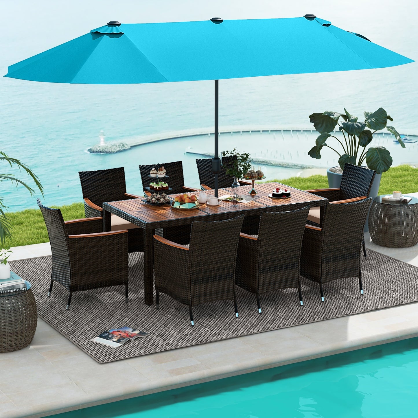 10 Piece Outdoor Dining Set, 15 Feet Double-Sided Patio Umbrella, Turquoise Patio Dining Sets at Gallery Canada