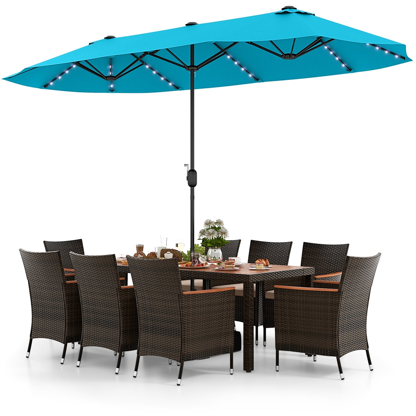 10 Piece Outdoor Dining Set, 15 Feet Double-Sided Patio Umbrella, Turquoise Patio Dining Sets at Gallery Canada