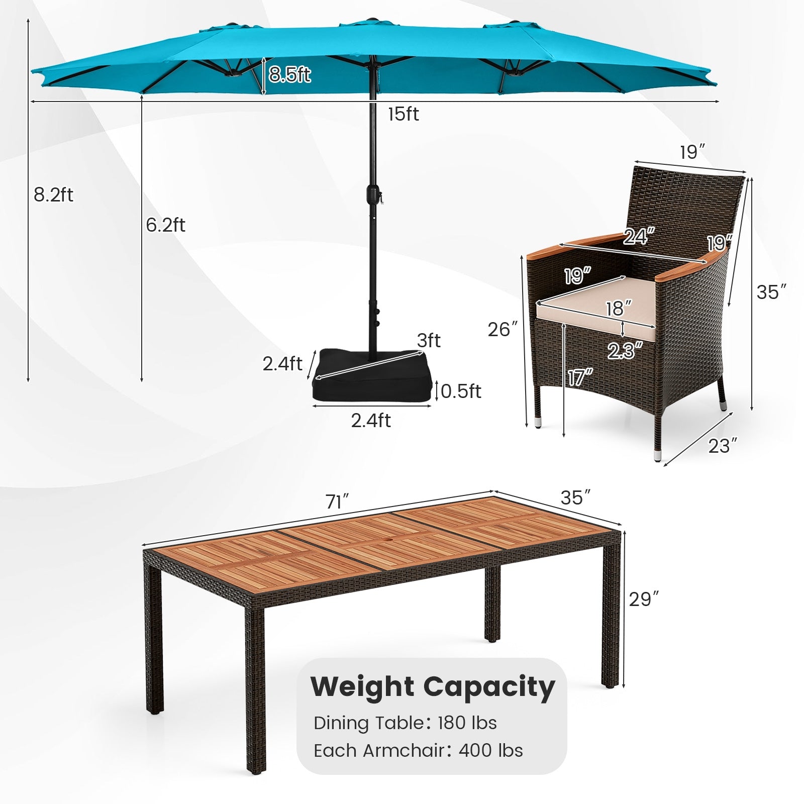 10 Piece Outdoor Dining Set, 15 Feet Double-Sided Patio Umbrella, Turquoise Patio Dining Sets at Gallery Canada