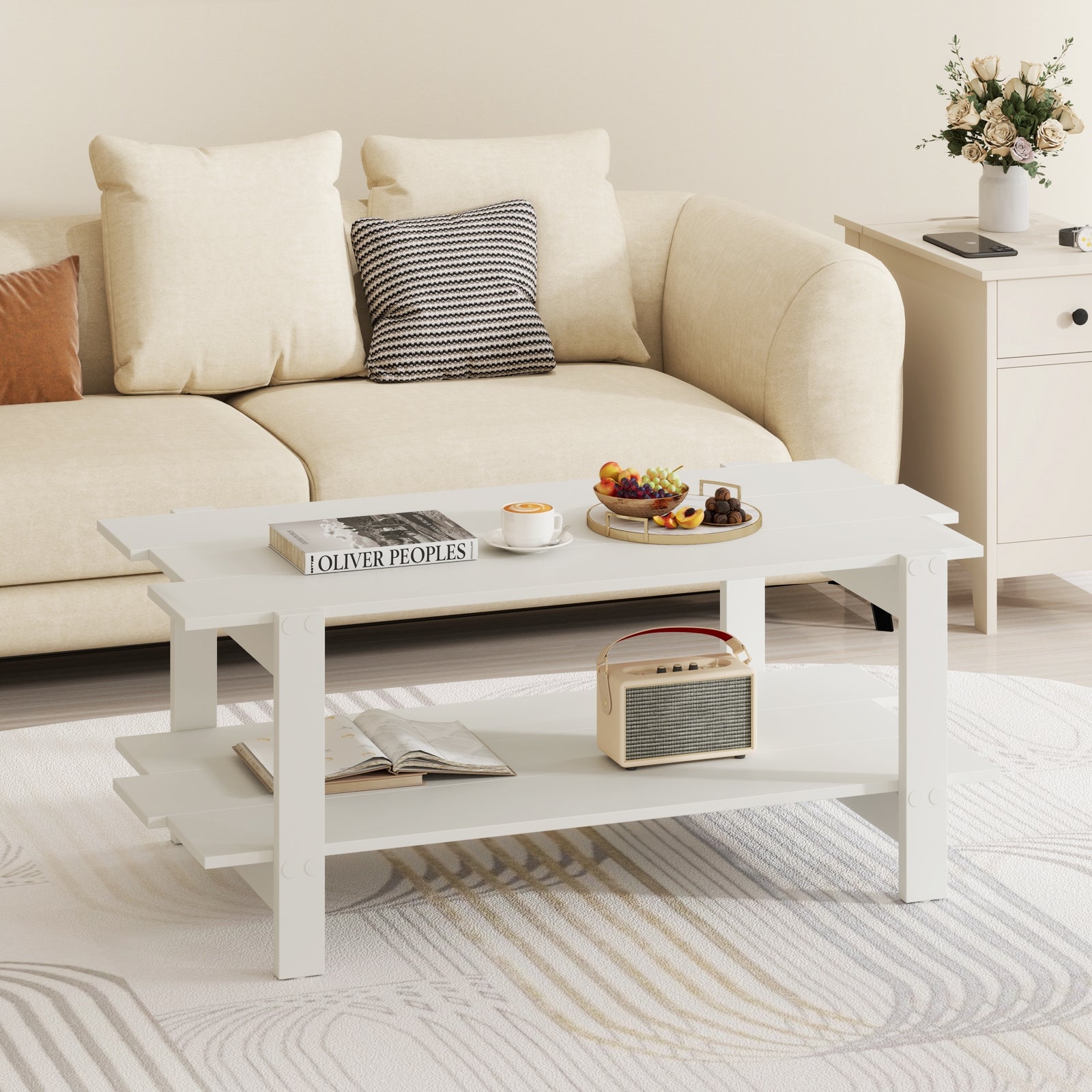 2-Tier Coffee Table Slatted Wood Center Table with Storage Shelf, White Coffee Tables at Gallery Canada