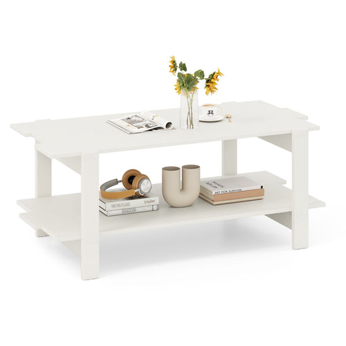2-Tier Coffee Table Slatted Wood Center Table with Storage Shelf, White