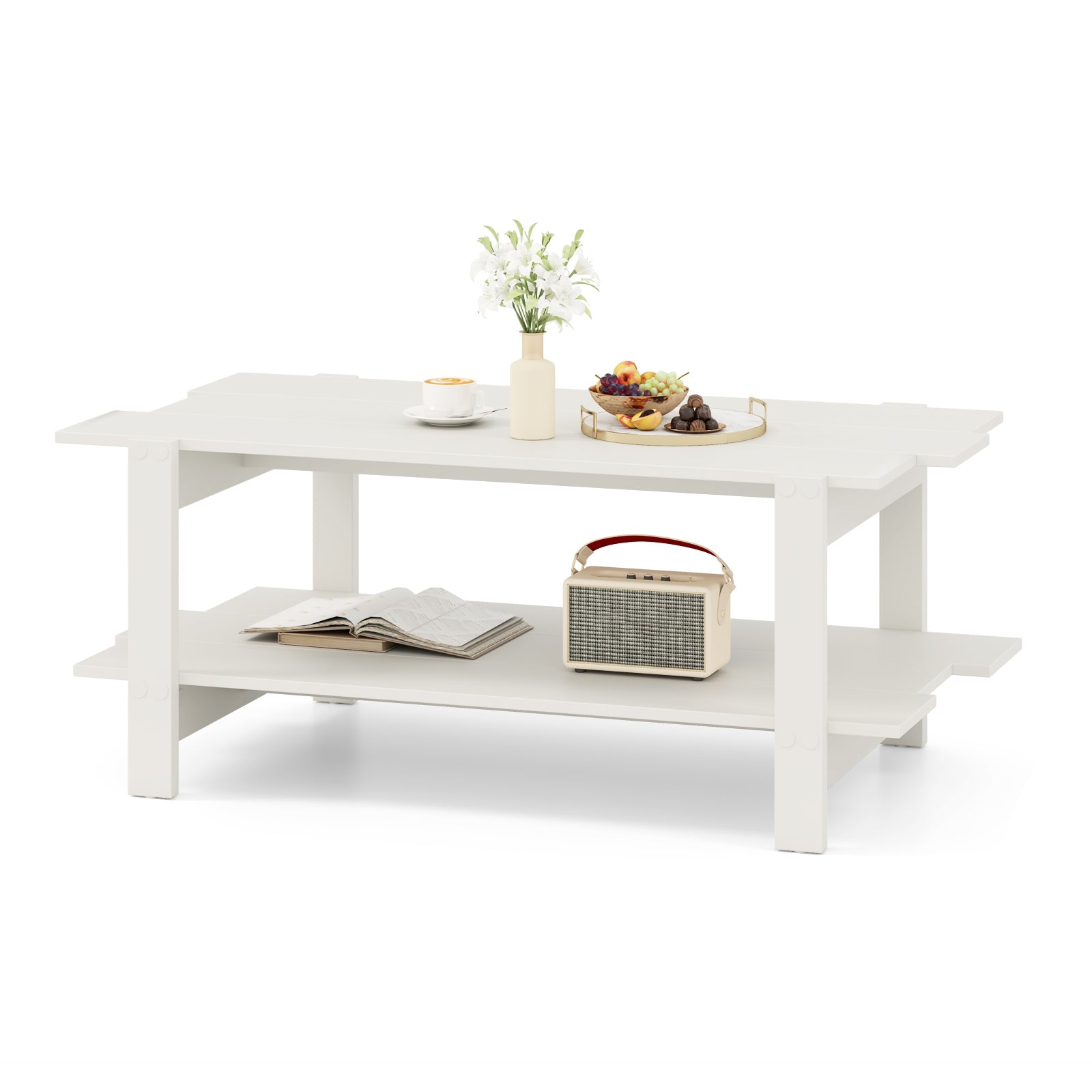 2-Tier Coffee Table Slatted Wood Center Table with Storage Shelf, White Coffee Tables at Gallery Canada