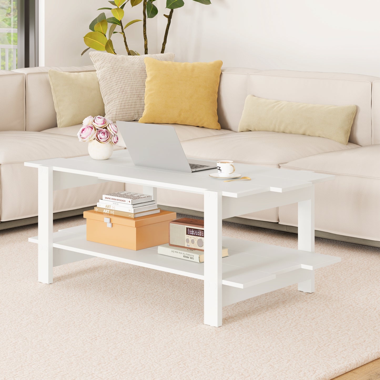 2-Tier Coffee Table Slatted Wood Center Table with Storage Shelf, White Coffee Tables at Gallery Canada
