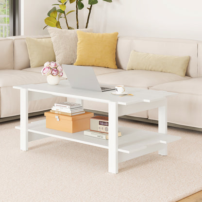 2-Tier Coffee Table Slatted Wood Center Table with Storage Shelf, White Coffee Tables at Gallery Canada