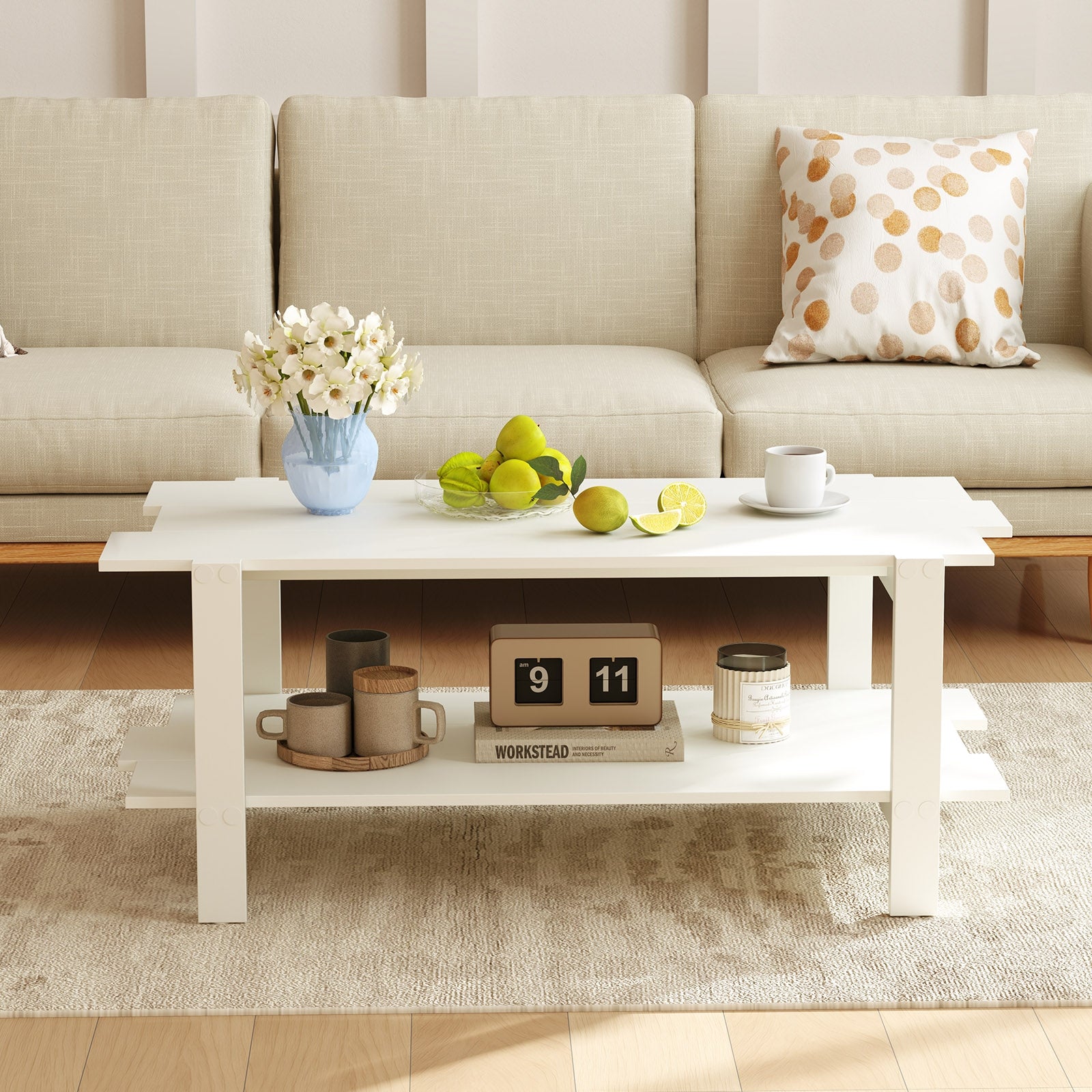 2-Tier Coffee Table Slatted Wood Center Table with Storage Shelf, White Coffee Tables at Gallery Canada