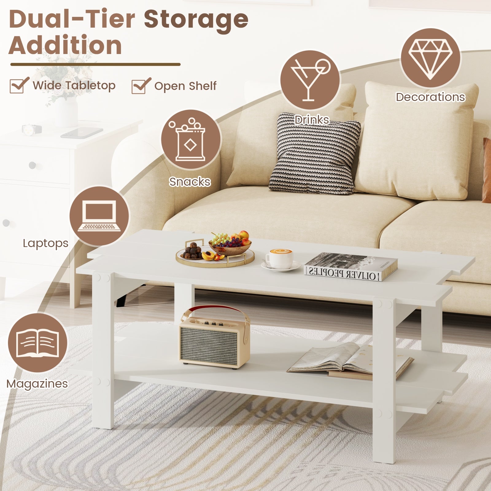 2-Tier Coffee Table Slatted Wood Center Table with Storage Shelf, White Coffee Tables at Gallery Canada