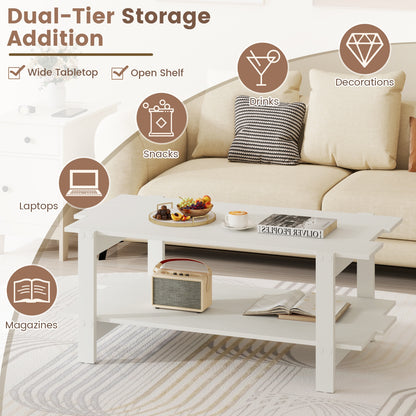 2-Tier Coffee Table Slatted Wood Center Table with Storage Shelf, White Coffee Tables at Gallery Canada