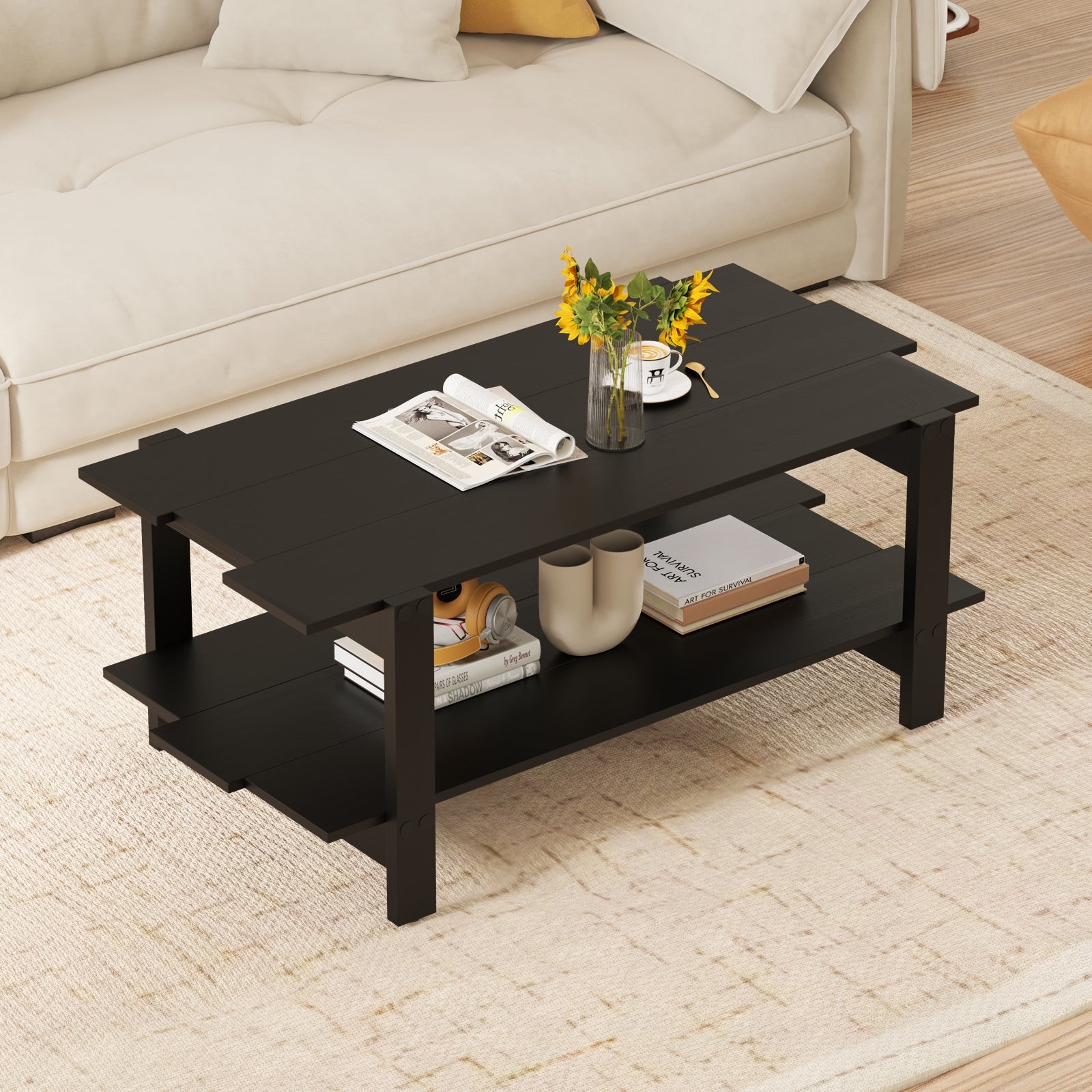 2-Tier Coffee Table Slatted Wood Center Table with Storage Shelf, Black Coffee Tables at Gallery Canada