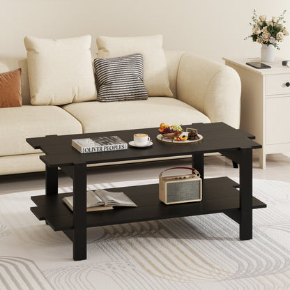 2-Tier Coffee Table Slatted Wood Center Table with Storage Shelf, Black Coffee Tables at Gallery Canada