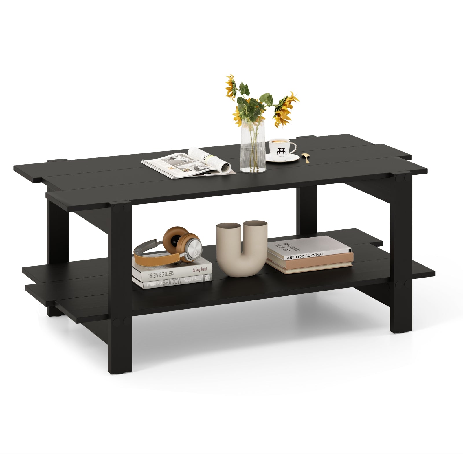 2-Tier Coffee Table Slatted Wood Center Table with Storage Shelf, Black Coffee Tables at Gallery Canada