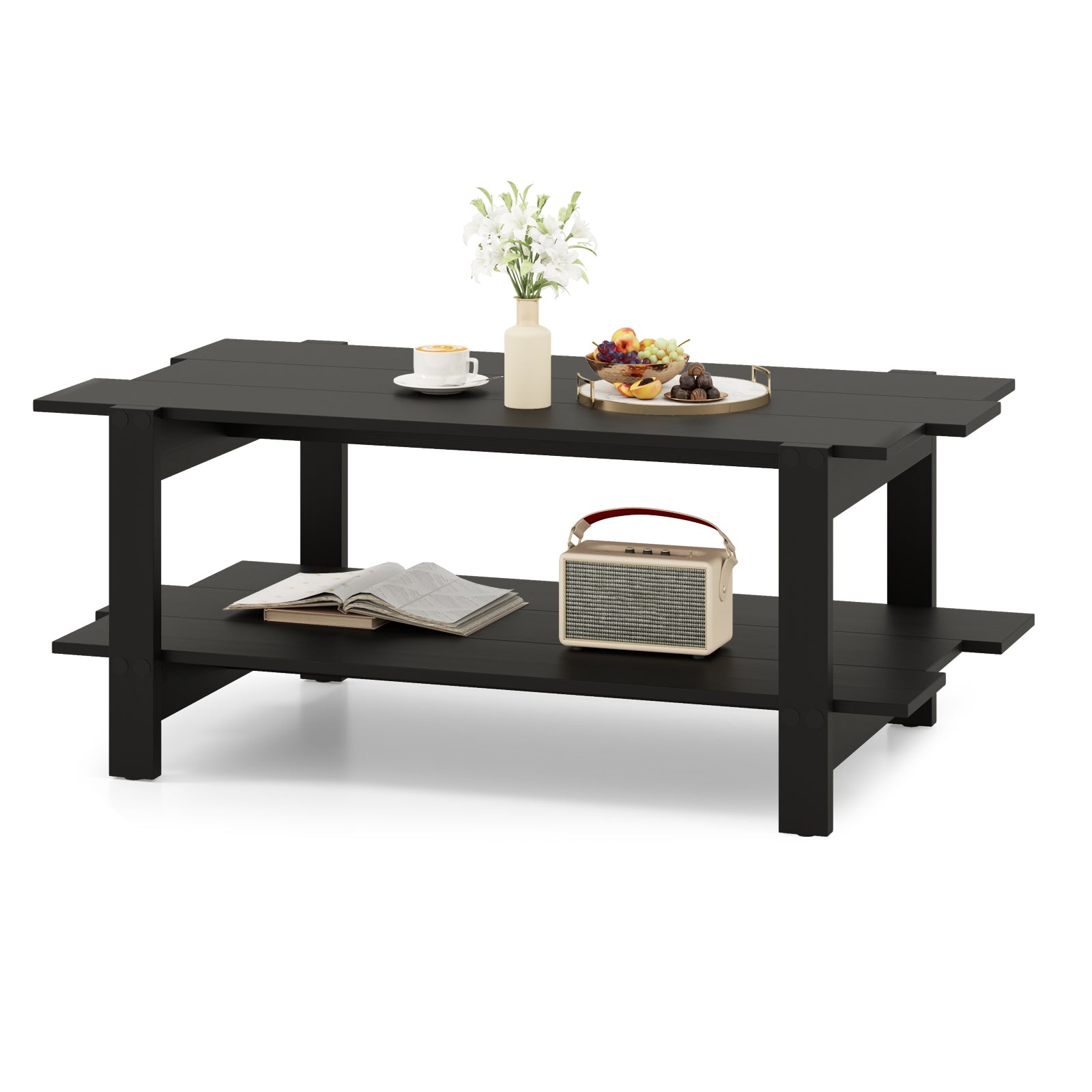 2-Tier Coffee Table Slatted Wood Center Table with Storage Shelf, Black Coffee Tables at Gallery Canada