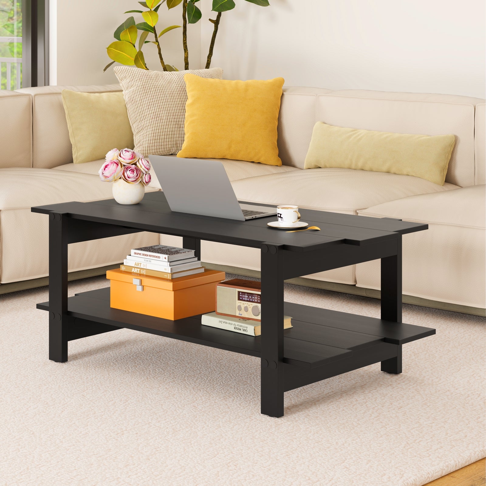 2-Tier Coffee Table Slatted Wood Center Table with Storage Shelf, Black Coffee Tables at Gallery Canada