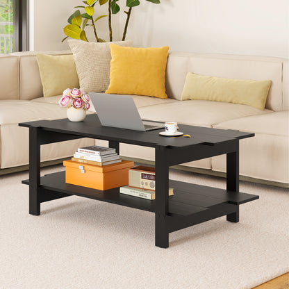 2-Tier Coffee Table Slatted Wood Center Table with Storage Shelf, Black Coffee Tables at Gallery Canada