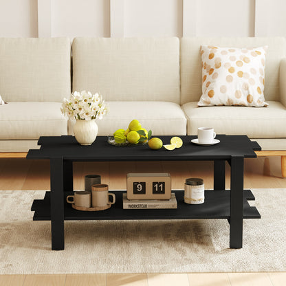 2-Tier Coffee Table Slatted Wood Center Table with Storage Shelf, Black Coffee Tables at Gallery Canada