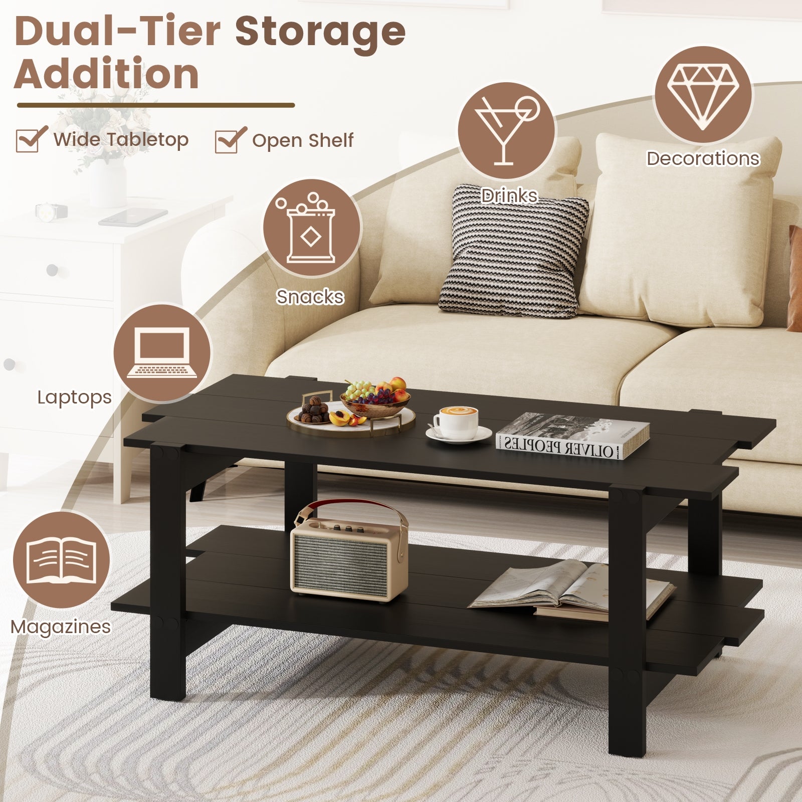 2-Tier Coffee Table Slatted Wood Center Table with Storage Shelf, Black Coffee Tables at Gallery Canada