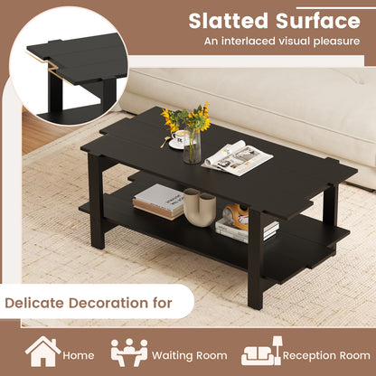 2-Tier Coffee Table Slatted Wood Center Table with Storage Shelf, Black Coffee Tables at Gallery Canada