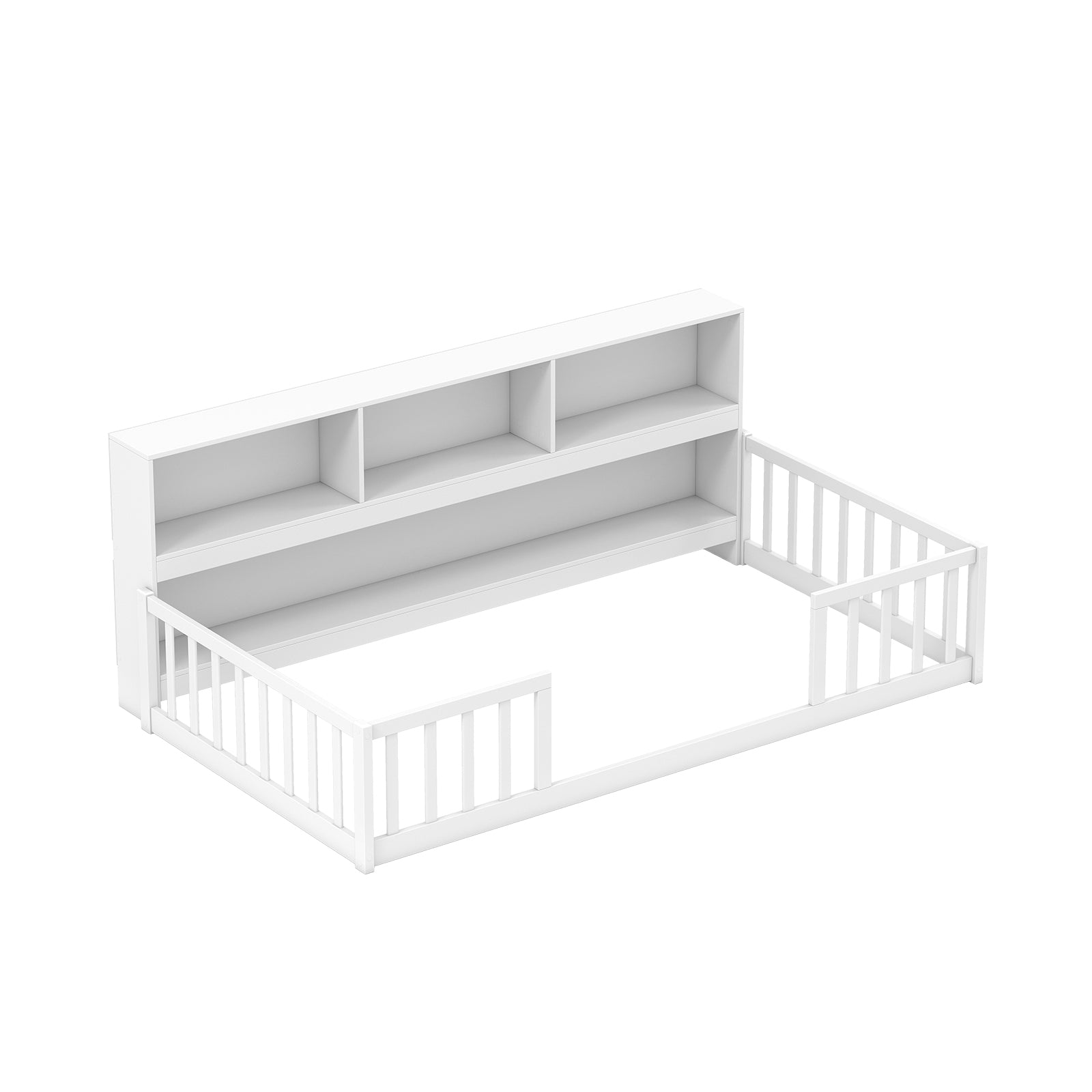 Twin Size Montessori Floor Bed with Bookcase, White Trundle Bed Frame at Gallery Canada