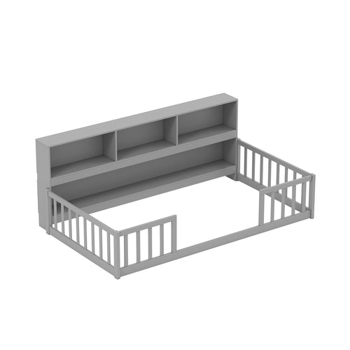 Twin Size Montessori Floor Bed with Bookcase, Gray