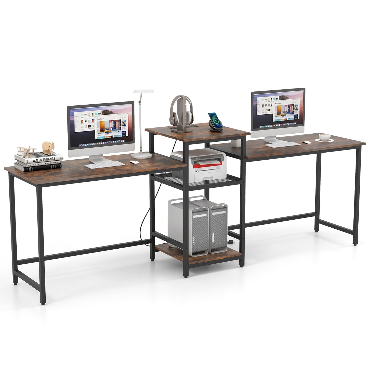 2-Person Computer Desk with Power Outlet and Printer Stand, Rustic Brown Computer Desks at Gallery Canada