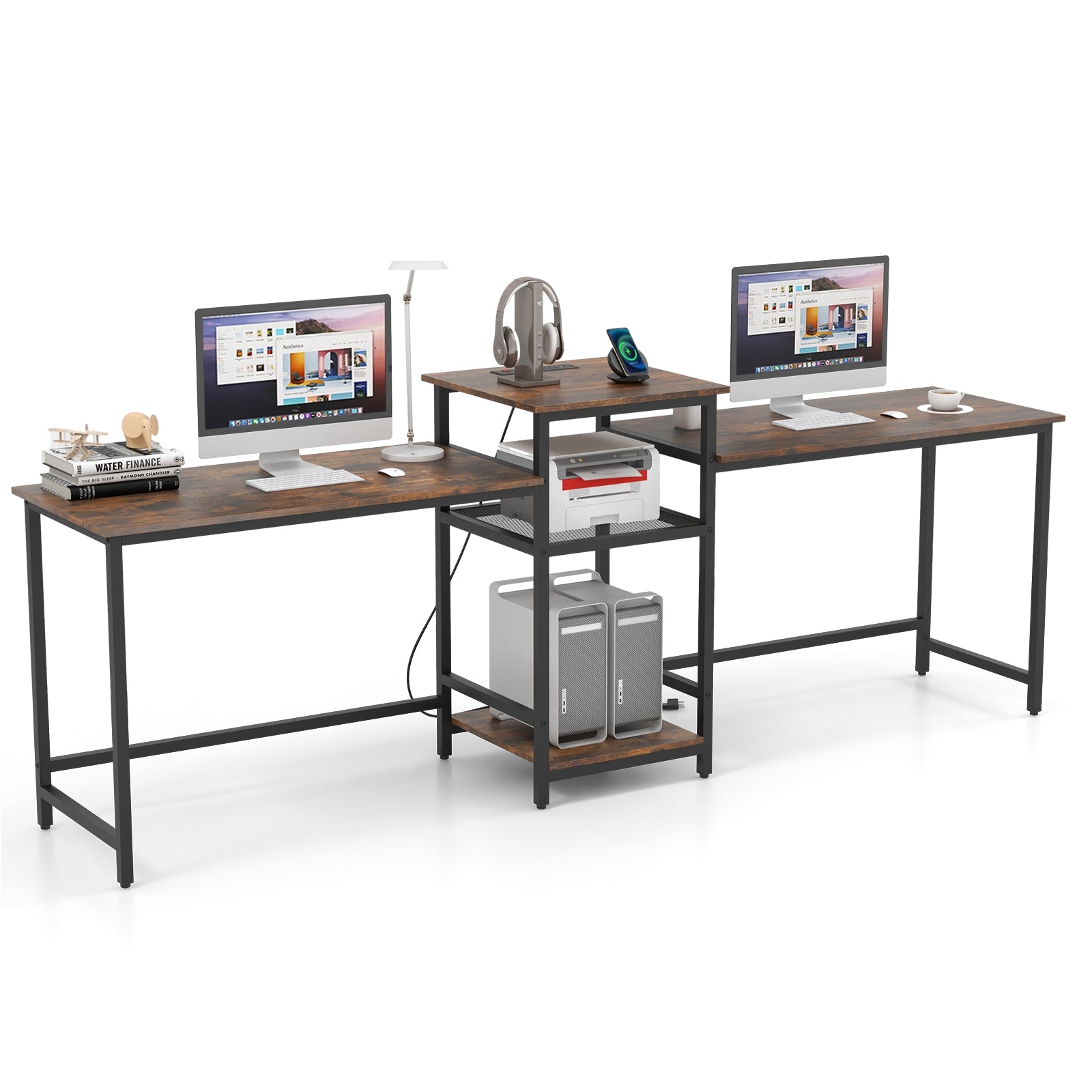 2-Person Computer Desk with Power Outlet and Printer Stand, Rustic Brown Computer Desks at Gallery Canada