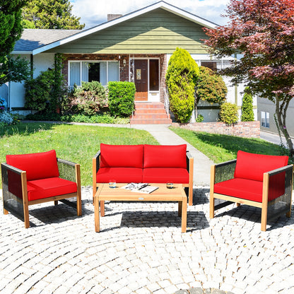 4 Pieces Wood Outdoor Patio Furniture Set with Cushions for Garden, Red Patio Conversation Sets at Gallery Canada