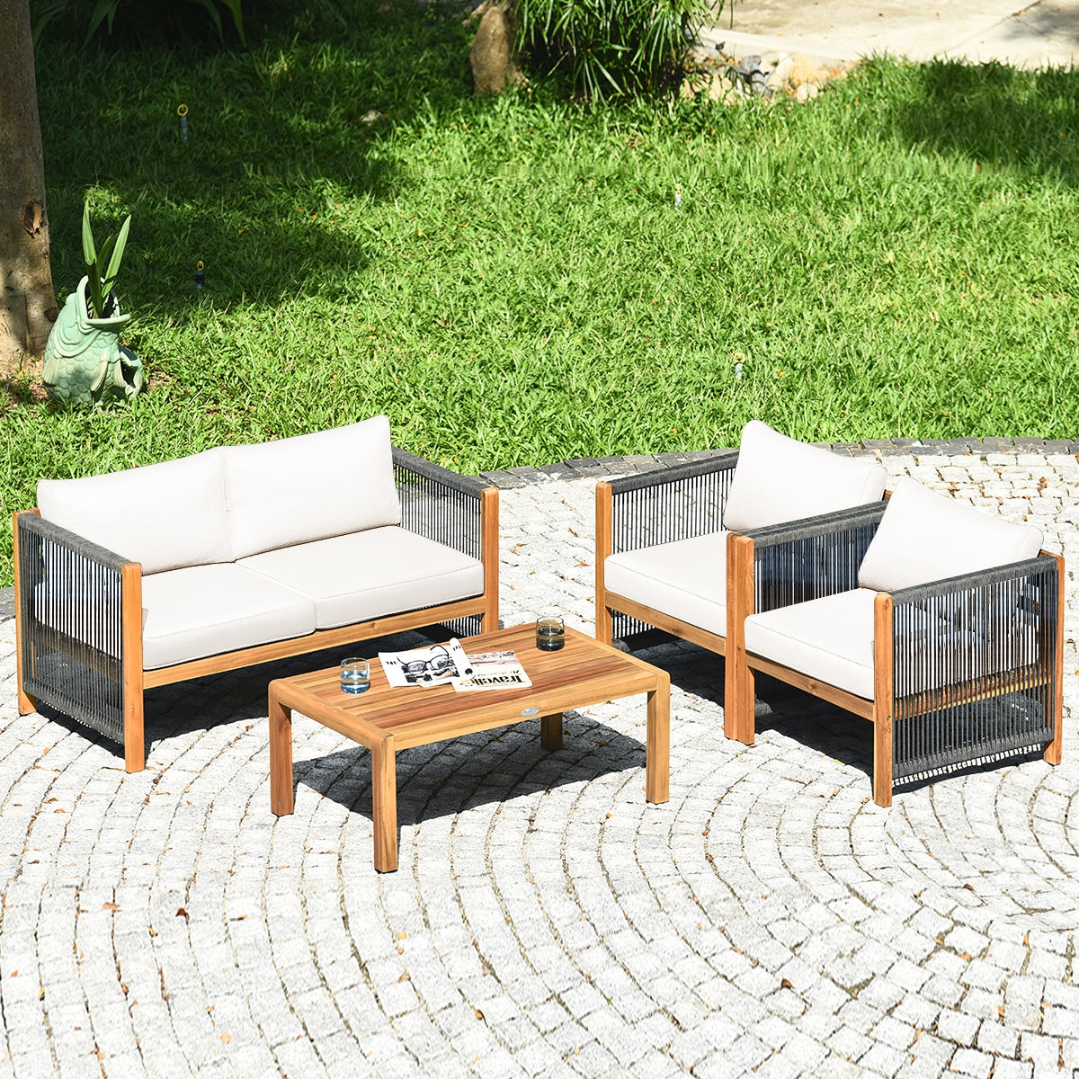 4 Pieces Wood Outdoor Patio Furniture Set with Cushions for Garden, Red Patio Conversation Sets at Gallery Canada