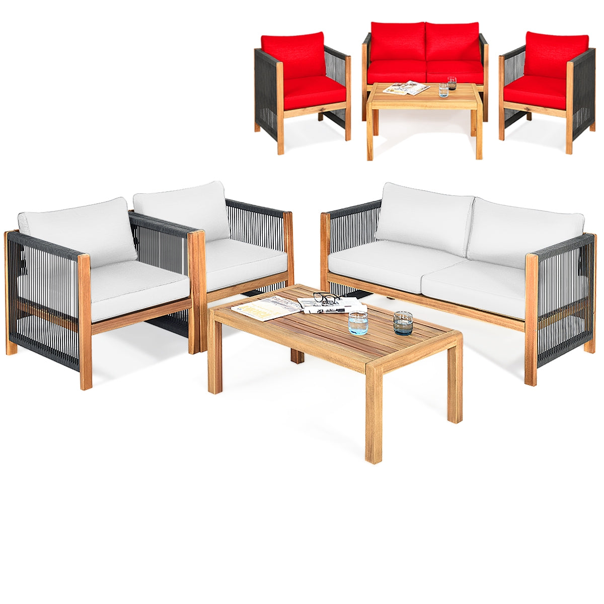 4 Pieces Wood Outdoor Patio Furniture Set with Cushions for Garden, Red Patio Conversation Sets Red at Gallery Canada