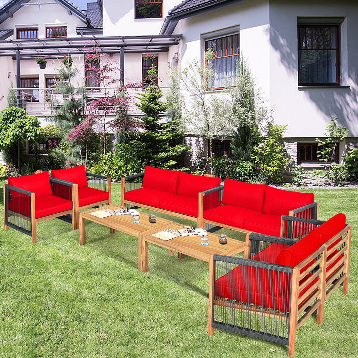 4 Pieces Wood Outdoor Patio Furniture Set with Cushions for Garden, Red Patio Conversation Sets at Gallery Canada