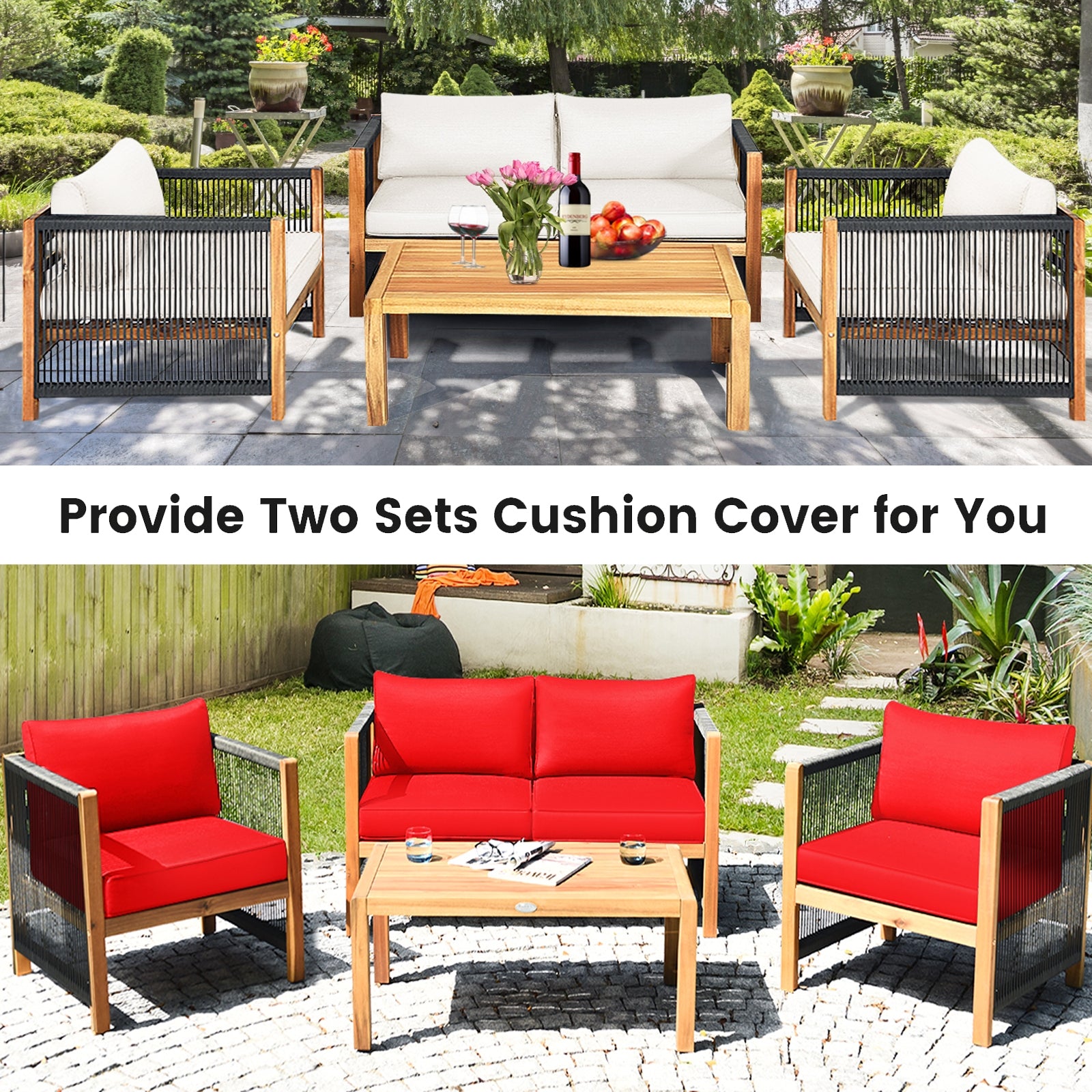 4 Pieces Wood Outdoor Patio Furniture Set with Cushions for Garden, Red Patio Conversation Sets at Gallery Canada