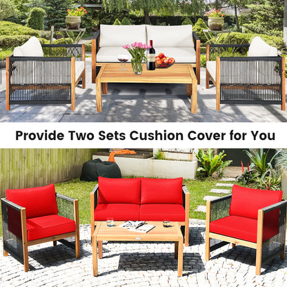 4 Pieces Wood Outdoor Patio Furniture Set with Cushions for Garden, Red Patio Conversation Sets at Gallery Canada