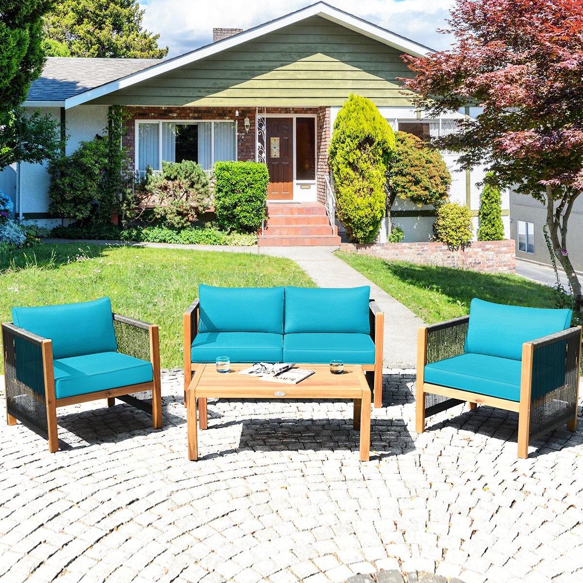 4 Pieces Wood Outdoor Patio Furniture Set with Cushions for Garden, Turquoise Patio Conversation Sets at Gallery Canada