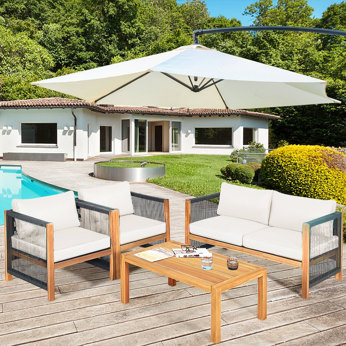 4 Pieces Wood Outdoor Patio Furniture Set with Cushions for Garden, Turquoise Patio Conversation Sets at Gallery Canada