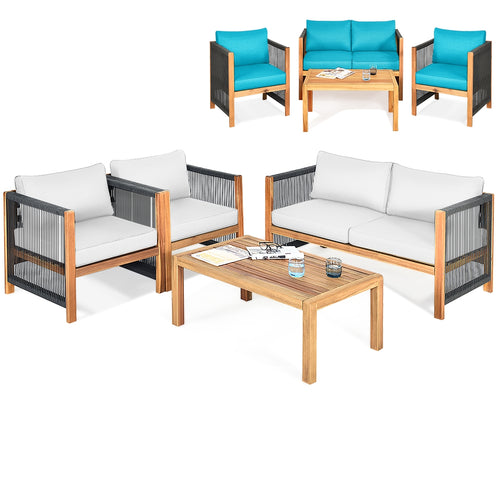 4 Pieces Wood Outdoor Patio Furniture Set with Cushions for Garden, Turquoise