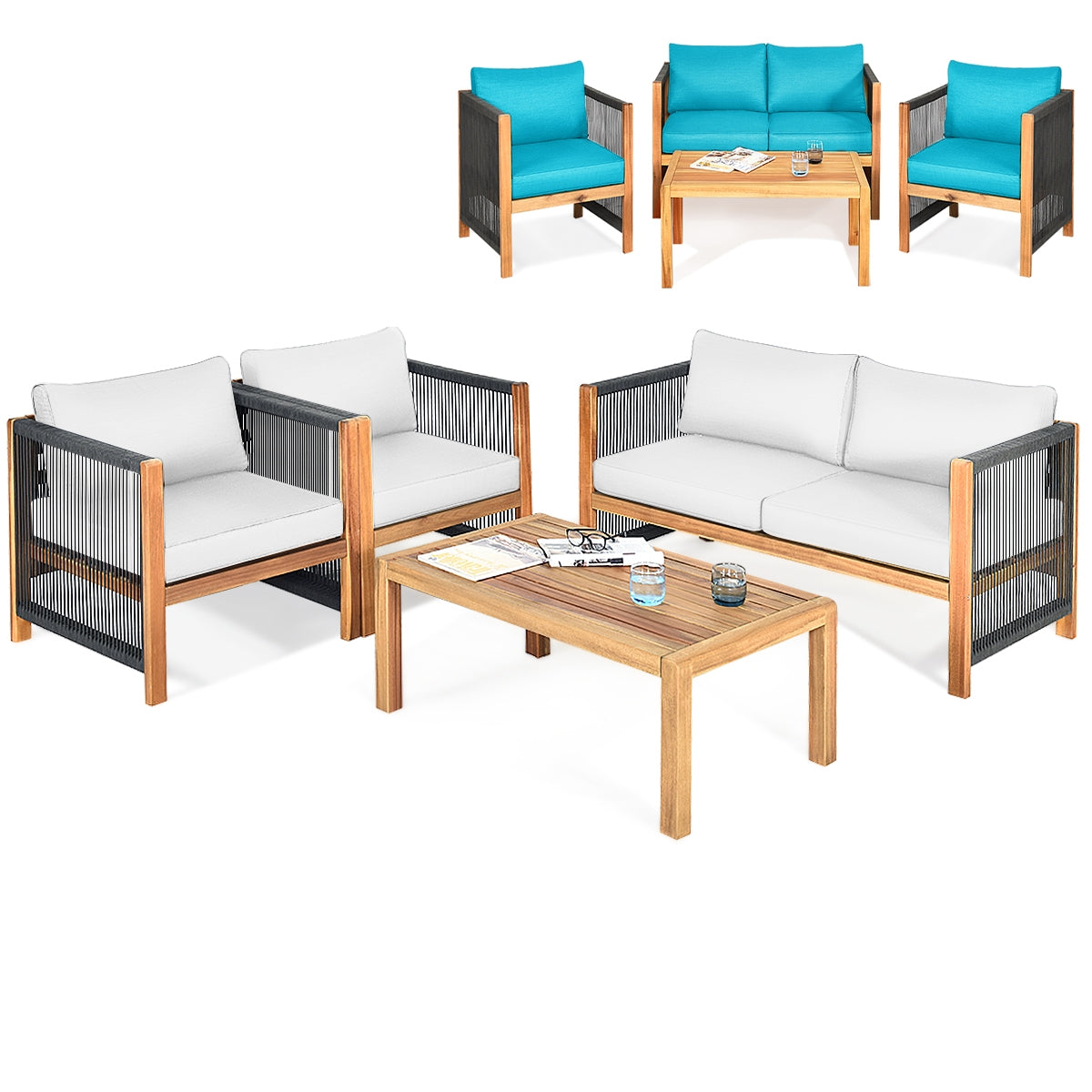 4 Pieces Wood Outdoor Patio Furniture Set with Cushions for Garden, Turquoise Patio Conversation Sets at Gallery Canada