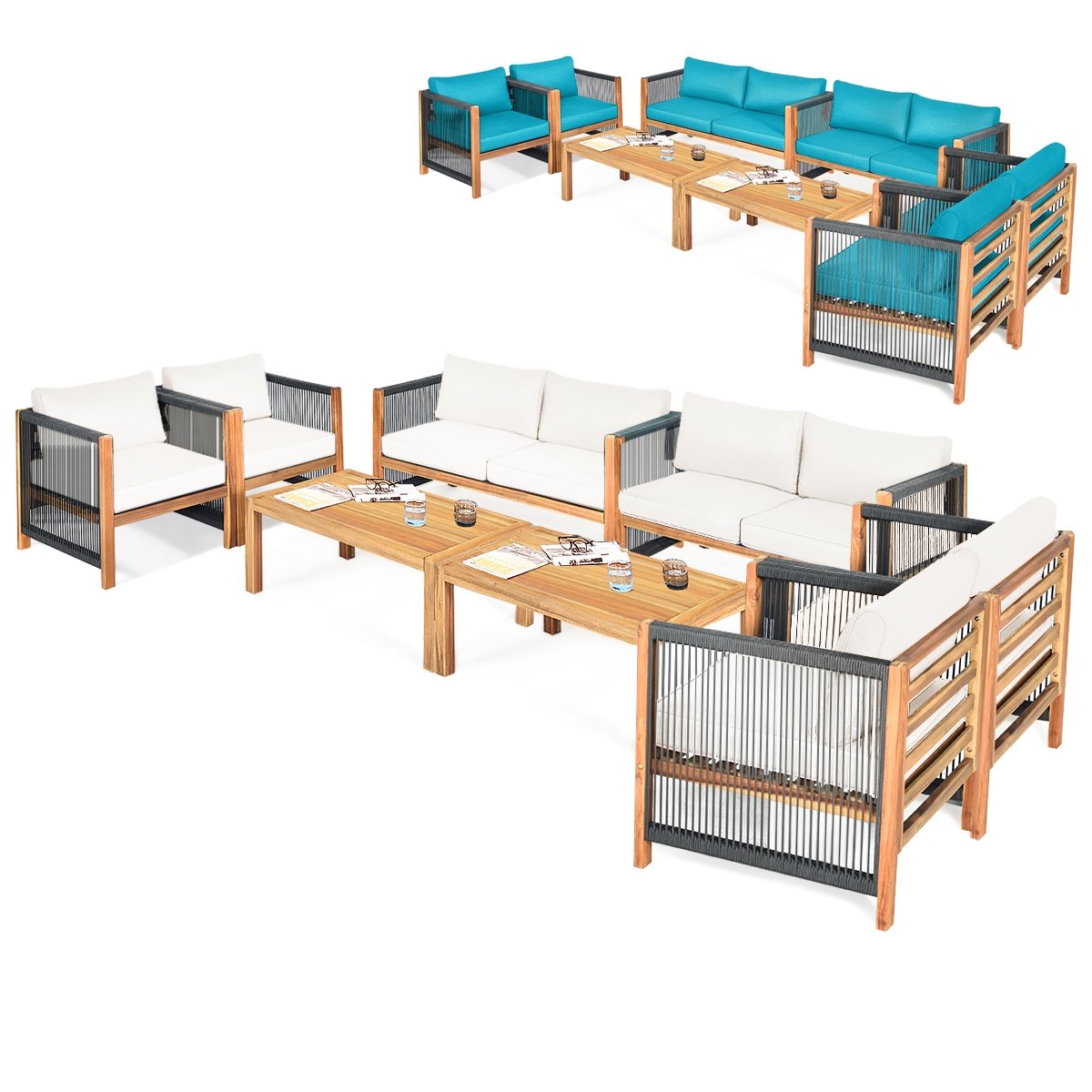 4 Pieces Wood Outdoor Patio Furniture Set with Cushions for Garden, Turquoise Patio Conversation Sets at Gallery Canada