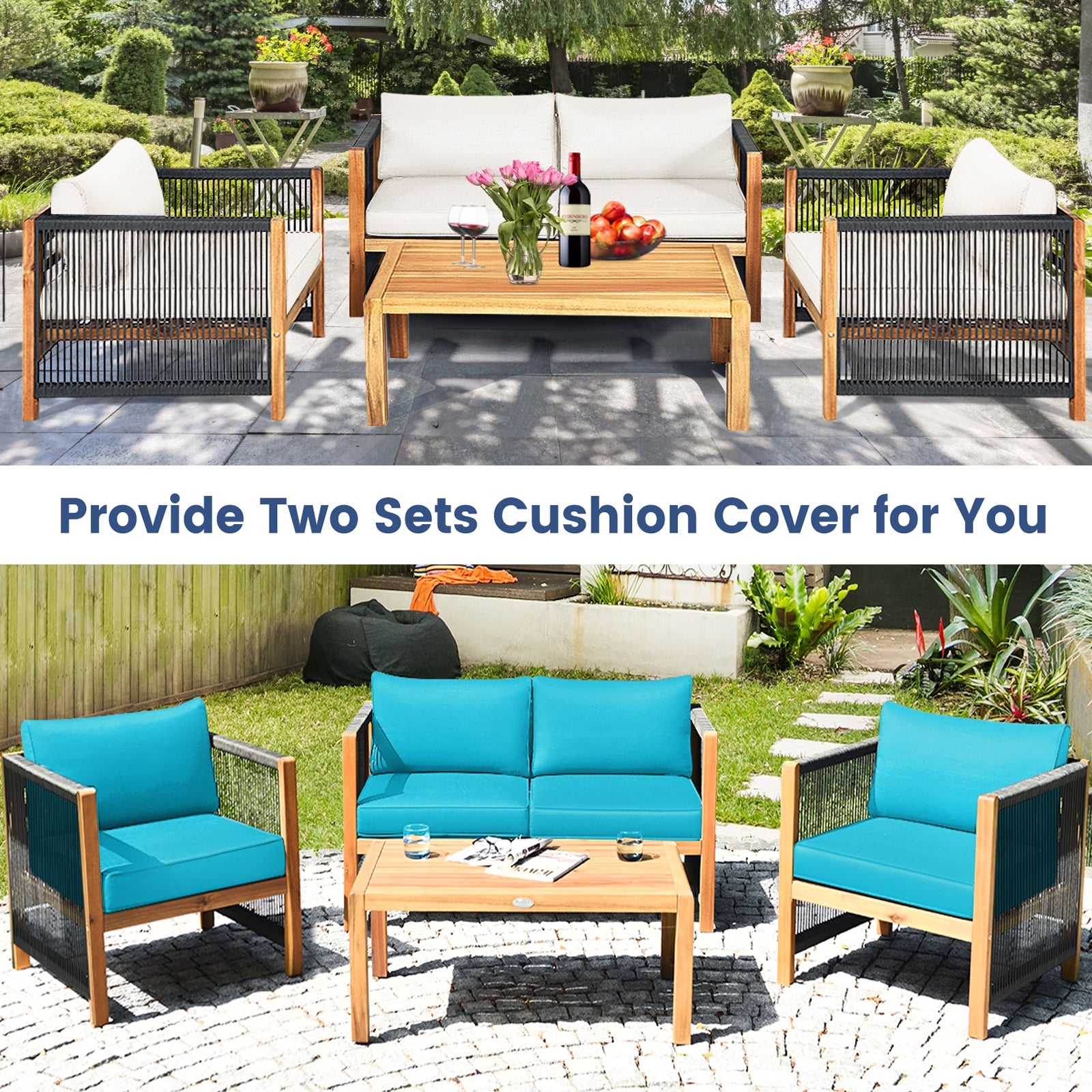 4 Pieces Wood Outdoor Patio Furniture Set with Cushions for Garden, Turquoise Patio Conversation Sets at Gallery Canada