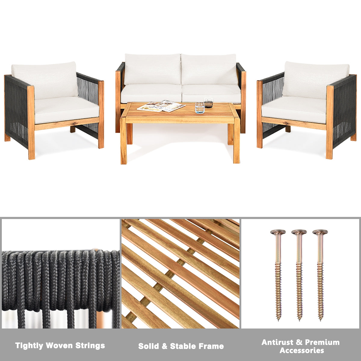 4 Pieces Wood Outdoor Patio Furniture Set with Cushions for Garden, Turquoise Patio Conversation Sets at Gallery Canada