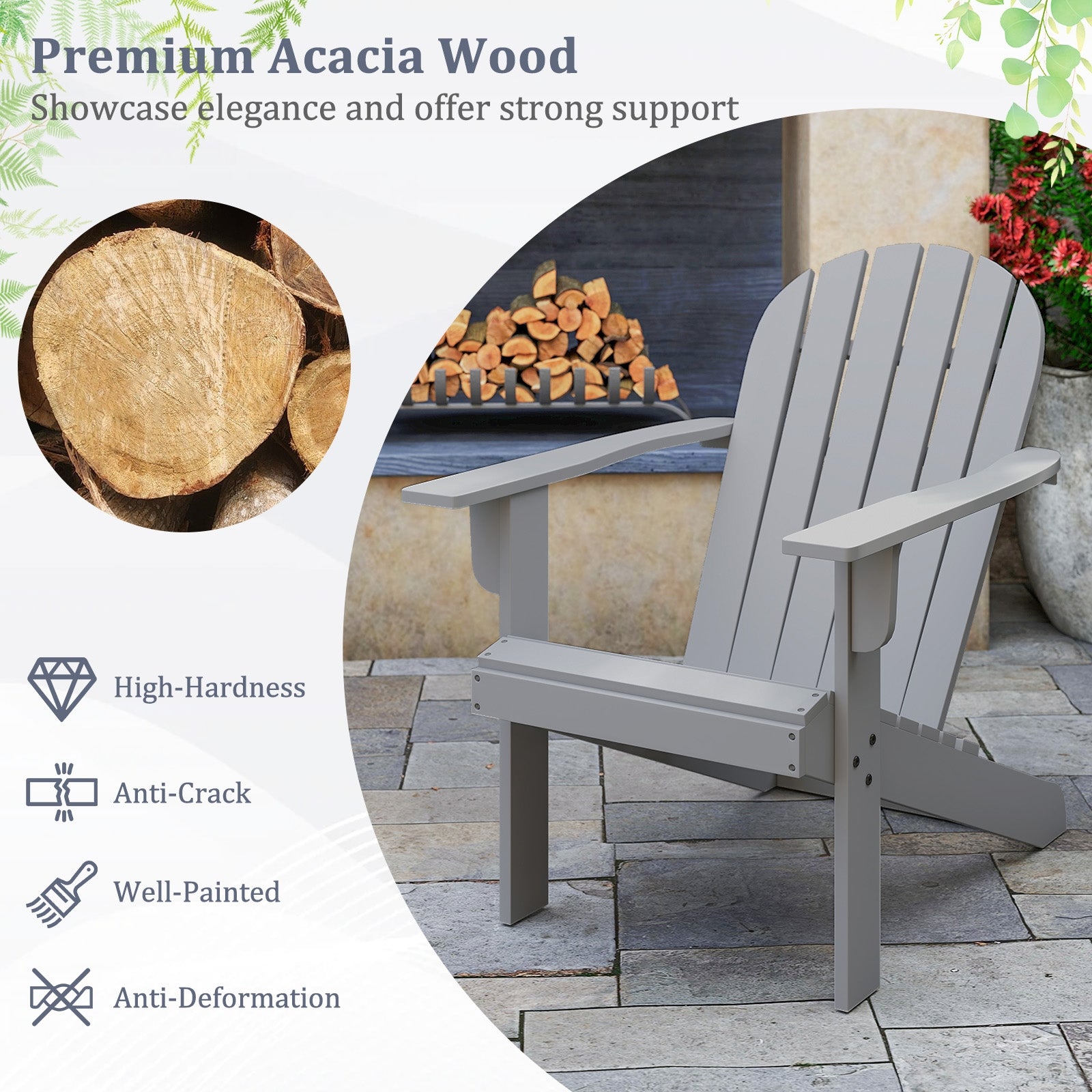 Acacia Wood Lounge Patio Adirondack Chair with Inclined Seat, Gray Adirondack Chairs at Gallery Canada