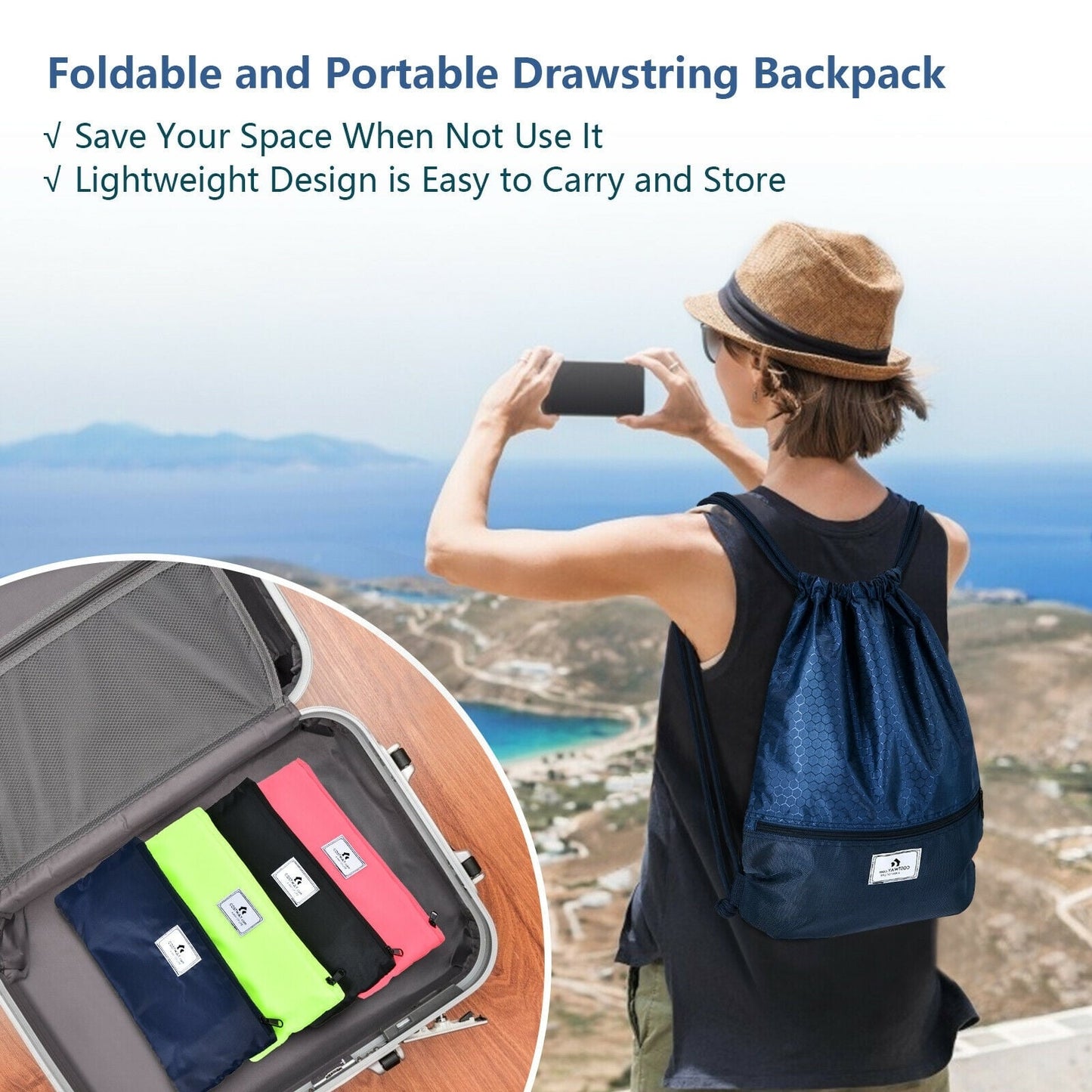 Drawstring Backpack String Bag Foldable Sports Sack with Zipper Pocket, Dark Blue