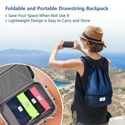 Drawstring Backpack String Bag Foldable Sports Sack with Zipper Pocket, Dark Blue