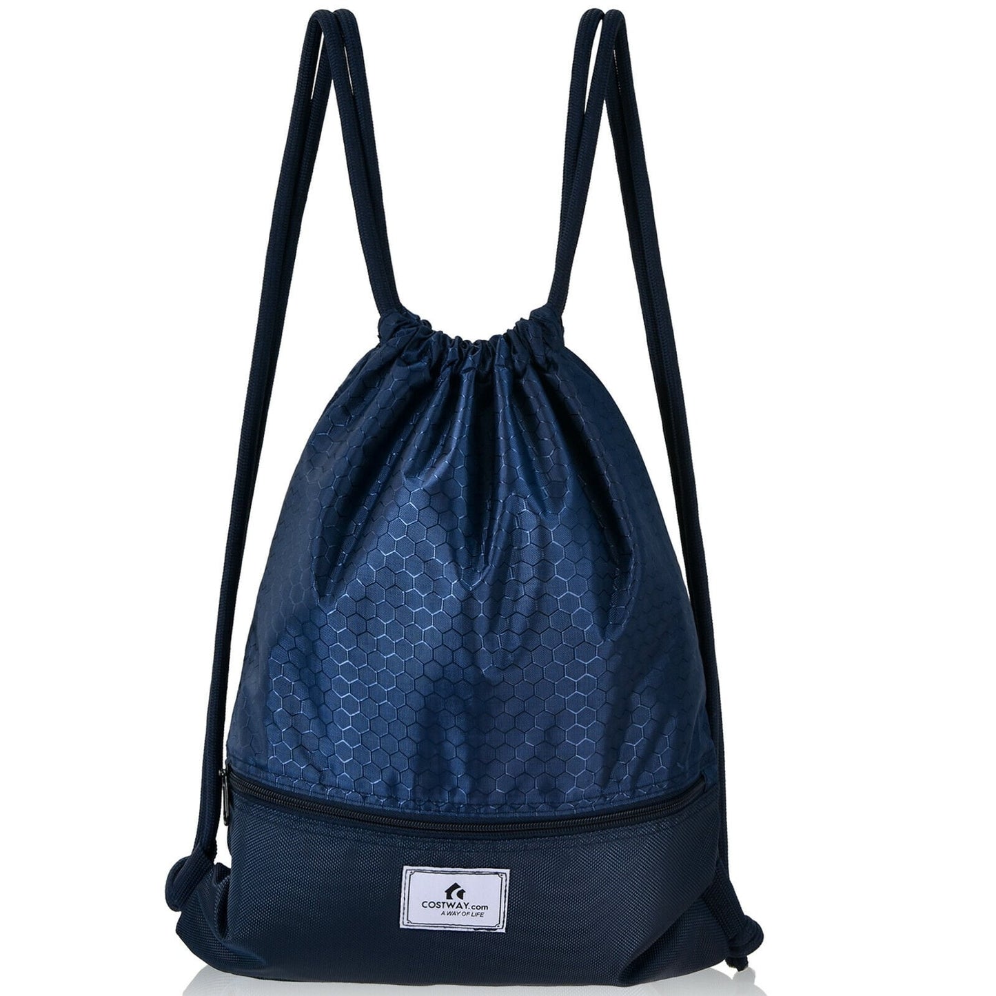 Drawstring Backpack String Bag Foldable Sports Sack with Zipper Pocket, Dark Blue