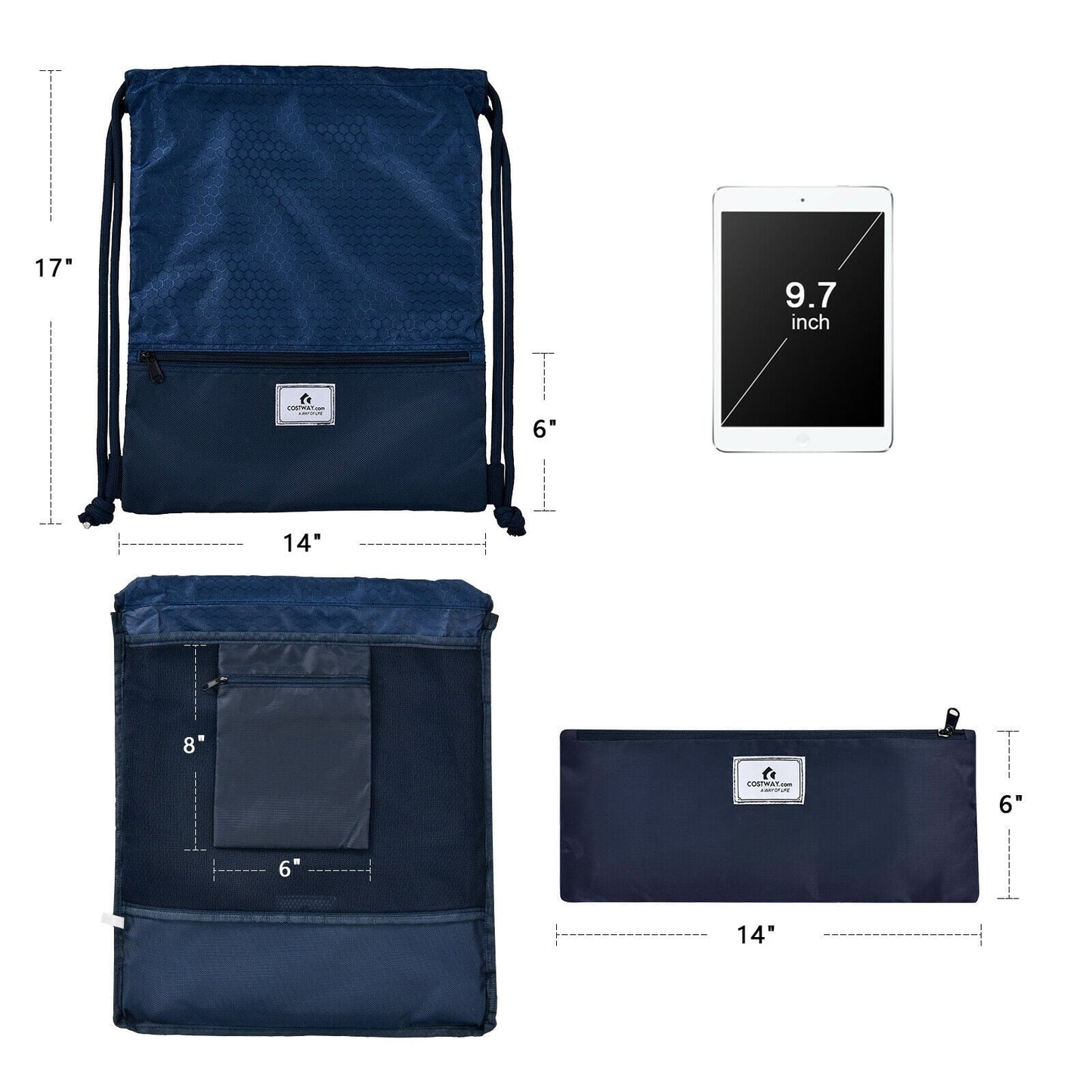 Drawstring Backpack String Bag Foldable Sports Sack with Zipper Pocket, Dark Blue