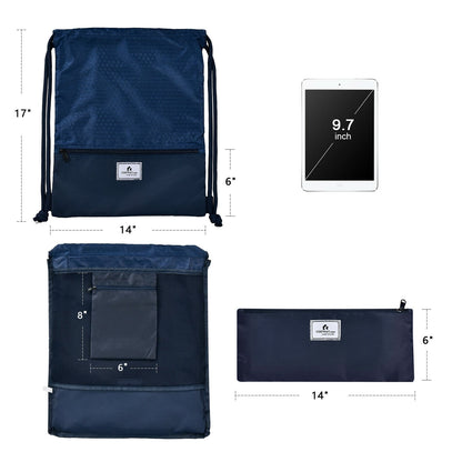 Drawstring Backpack String Bag Foldable Sports Sack with Zipper Pocket, Dark Blue
