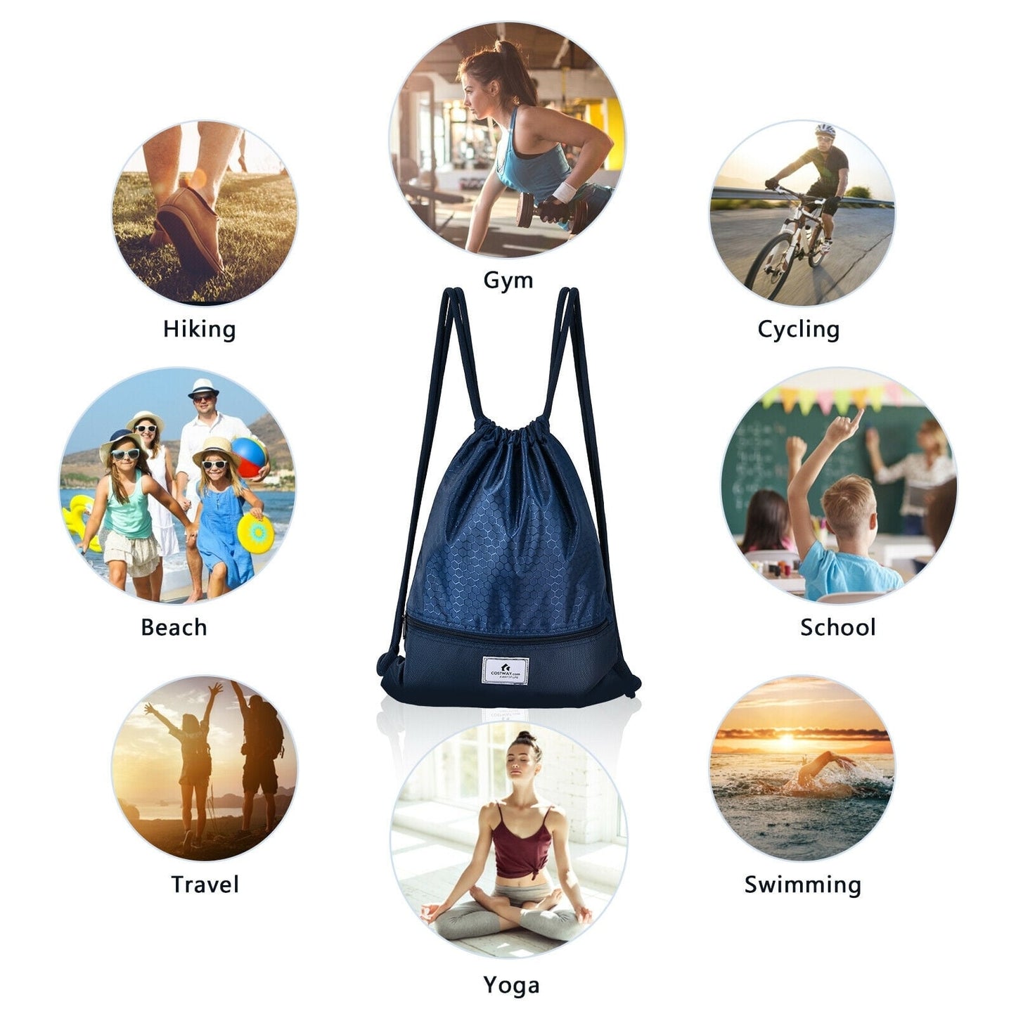 Drawstring Backpack String Bag Foldable Sports Sack with Zipper Pocket, Dark Blue