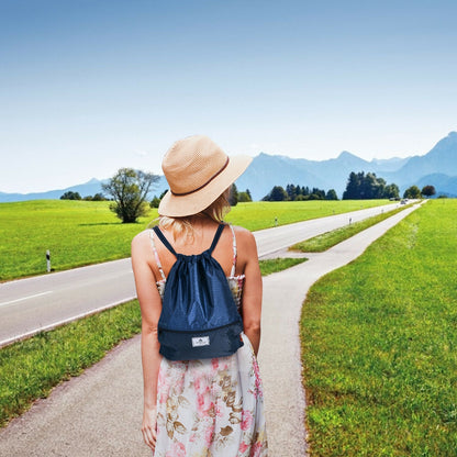 Drawstring Backpack String Bag Foldable Sports Sack with Zipper Pocket, Dark Blue